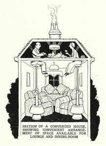 Del av et ombygd hus, som viser praktisk plass til salong og spisestue (litho) av William Heath Robinson
