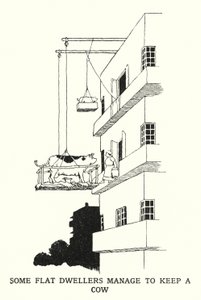 Noen flatboere klarer å holde en ku (litho) av William Heath Robinson