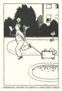 Anstrengende innsats for å underholde et skjørt barn (litho) av William Heath Robinson