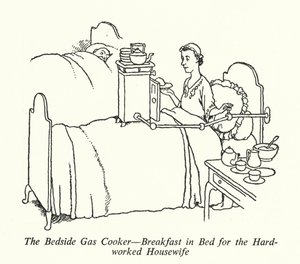 Gasskomfyren ved sengen, frokost på sengen for den hardtarbeidende husmoren (litho) av William Heath Robinson