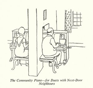 The Community Piano, for duetter med naboer (litho) av William Heath Robinson