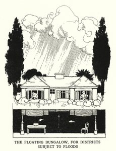 Den flytende bungalowen, for distrikter utsatt for flom (litho) av William Heath Robinson