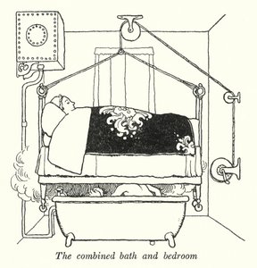 Det kombinerte badet og soverommet (litho) av William Heath Robinson