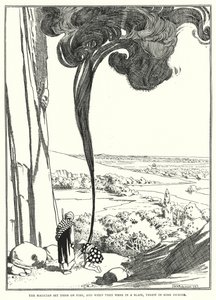 Magikeren satte fyr på dem, og da de sto i brann, kastet han inn noe røkelse (gravering) av William Heath Robinson