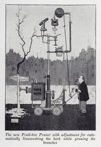 Den nye frukttrebeskjæreren med justering for automatisk kalkvasking av barken mens du beskjærer grenene (litho) av William Heath Robinson