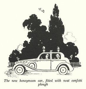 Den nye bryllupsreisebilen, utstyrt med pen konfettiplog (litho) av William Heath Robinson