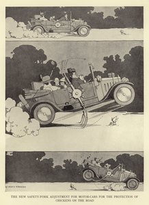 Den nye sikkerhetsgaffeljusteringen for biler for beskyttelse av kyllinger på veien av William Heath Robinson