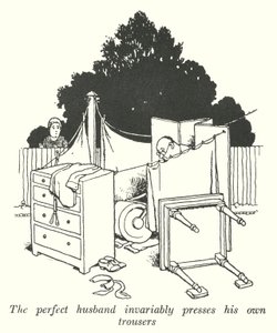 Den perfekte ektemannen presser alltid sine egne bukser (litho) av William Heath Robinson