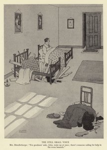 Den stille, små stemmen, fru Blendlethorpe, for guds skyld, John, våkn opp med en gang; det er noen som roper på hjelp i rommet under av William Heath Robinson
