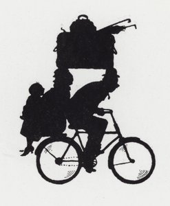 På tur med familien på sykkel (litho) av William Heath Robinson