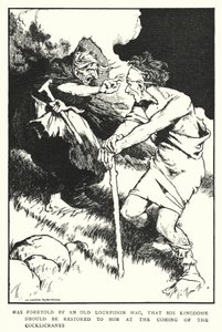 Ble forutsagt av en gammel Lourpidon-kjerring, at riket hans skulle gjenopprettes til ham ved ankomsten av Cocklicranes (litho) av William Heath Robinson