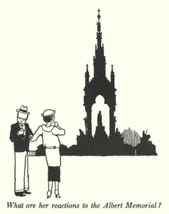 Hva er hennes reaksjoner på Albert Memorial? (litho) av William Heath Robinson