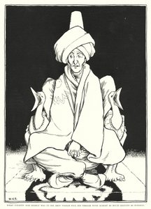Det som gledet ham var å se Abou Hassan fylle tronen sin med nesten like mye gravitasjon som ham selv (gravering) av William Heath Robinson