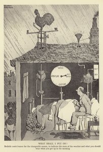Hva skal jeg sette på sengen for den skiftende årstiden, for å indikere værtilstanden og hva du bør ha på deg når du står opp om morgenen av William Heath Robinson