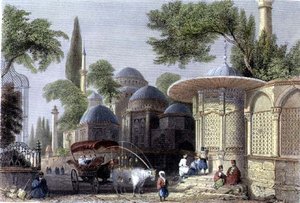 Fontenen og moskeen i Chahzade, gravert av Roberts Sands (1792-1855) ca. 1850 (akvatint)