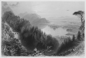 The Lower and Torc Lakes, Killarney, fra Torc Waterfall (gravering) av William Henry (after) Bartlett