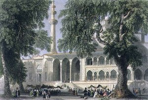 Yeni Djami, eller moskeen til Sultana Valide, Istanbul, gravert av J.C. Varrall, ca. 1850 (akvatint)