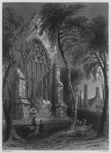 Youghall Abbey, residensen til Sir Walter Raleigh (gravering) av William Henry (after) Bartlett