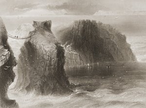Carrick-a-Rede Rope Bridge, County Antrim, Nord-Irland, fra "Scenery and Antiquities of Ireland" av George Virtue, 1860-tallet av William Henry Bartlett
