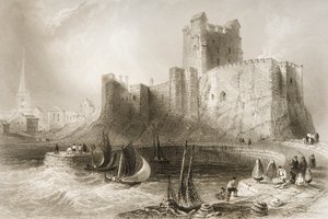 Carrickfergus Castle, County Antrim, Nord-Irland, fra "Scenery and Antiquities of Ireland" av George Virtue, 1860-tallet av William Henry Bartlett
