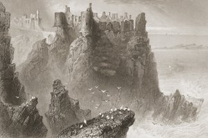 Dunluce Castle, County Antrim, Nord-Irland, fra "Scenery and Antiquities of Ireland" av George Virtue, 1860-tallet av William Henry Bartlett