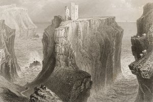 Dunseverick Castle, County Antrim, Nord-Irland, fra "Scenery and Antiquities of Ireland" av George Virtue, 1860-tallet