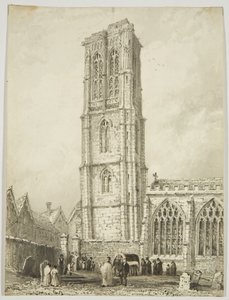 Eksteriør av Temple Church, viser en internering, ca. 1825 (blyant og akvarell på papir) av William Henry Bartlett
