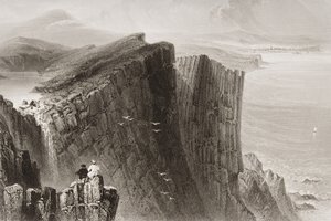 Fairhead, County Antrim, Nord-Irland, fra "Scenery and Antiquities of Ireland" av George Virtue, 1860-tallet