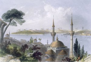 Generell utsikt over Konstantinopel fra Scutari, ca. 1850 (farget akvatint) av William Henry Bartlett