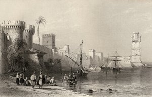 Rhodos havn, Hellas, gravert av J.C. Armytage (1820-97)