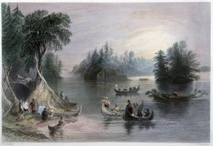 Indiske tipier og kanoer, Banks of the St Laurent - i "" kanadisk landskap illustrert" av W.H. Bartlett, London av William Henry Bartlett