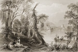 Innisfallen, Killarney Lake, County Killarney, fra "Scenery and Antiquities of Ireland" av George Virtue, 1860-tallet av William Henry Bartlett