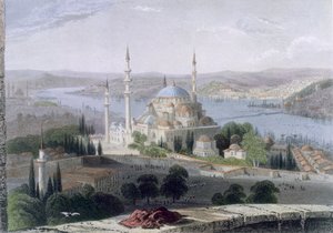 Moske og grav til Suleiman, ca. 1850 (farget akvatint) av William Henry Bartlett