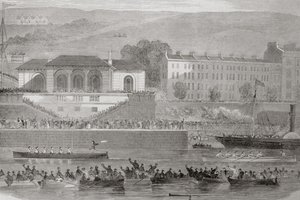 Naval Boat Race i Cork Harbour, County Cork, Irland, fra "Scenery and Antiquities of Ireland" av George Virtue, 1860-tallet av William Henry Bartlett