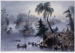 Scene blant de tusen øyene: Camp and Boats, Mille îles - i "" kanadisk natur illustrert" av Bartlett W. H. av William Henry Bartlett