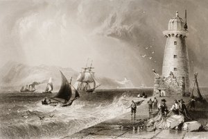 South Wall Lighthouse med Howth Hill i det fjerne, Dublin, fra "Scenery and Antiquities of Ireland" av George Virtue, 1860-tallet av William Henry Bartlett