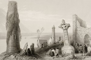 Det gamle korset og det runde tårnet i Clonmacnois, County Offaly, Irland, fra 