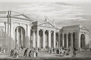 Bank of Ireland, Dublin, bygget i 1729, fra "Scenery and Antiquities of Ireland" av George Virtue, 1860-tallet av William Henry Bartlett