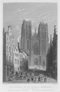 St Gudule-kirken, Brussel, Carnival Masquerade (gravering) av William Henry Bartlett