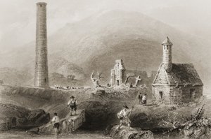 The Ruins at Glendalough, County Wicklow, Irland, fra "Scenery and Antiquities of Ireland" av George Virtue, 1860-tallet