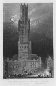 The Tower of the Exchange, Brugge (gravering) av William Henry Bartlett