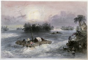 Transport av tre og stryk til landsbyen Cedars - i "" kanadisk natur illustrert" av Bartlett W. H. av William Henry Bartlett
