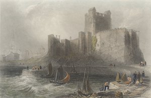 Utsikt over Carrickfergus Castle (fargegravering) av William Henry Bartlett