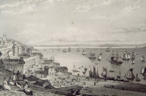 Utsikt over Cobh Harbour, med utsikt mot Rostellan, County Cork, Irland på 1830-tallet, fra "Scenery and Antiquities of Ireland" av George Virtue, 1860-tallet av William Henry Bartlett