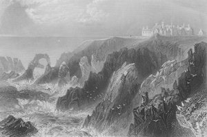 Utsikt over Slains Castle, nær Peterhead av William Henry Bartlett
