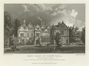 Vestfronten av Spanias Hall, Finchingfield, Essex, setet til John Ruggles Brice, Esquire av William Henry Bartlett