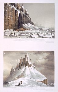 N.E. Cape of America og en del av Leopold Island (øverst) og Termin of the Cliffs nær Whaler Point, Port Leopold (nederst) fra "Ten Colored Views taken under the Arctic Expedition of Her Majesty"