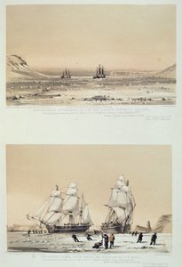 Bemerkelsesverdig utseende på himmelen, alltid på motsatt side av solen (øverst) og The Devils Thumb, kjedelige og skjeve i flokken (nederst) fra 'Ten Colored Views tatt under Arctic Expedition of Her Ma