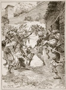 Løytnant Harley, i spissen for førti sikher og seksti kashmirier, stormet huset over munningen av gruven, illustrasjon fra "Battles of the Nineteenth Century" av Archibald Forbes, G.A. Henty an av William Henry Charles Groome