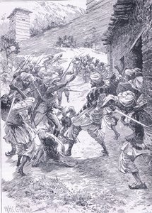 Løytnant Harley leder sorten fra Fort Chitral, illustrasjon fra Cassells History of England, 1900-tallet av William Henry Charles Groome